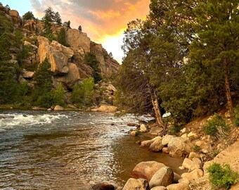 Mountain Sunset River Photo, Golden Light Landscape Print, Nature Wall Art