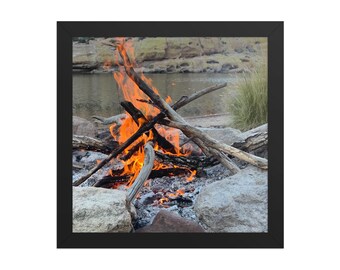 Framed Lakeside Campfire Wall Art | Rustic Outdoor Photography Print | Cozy Cabin Nature Decor