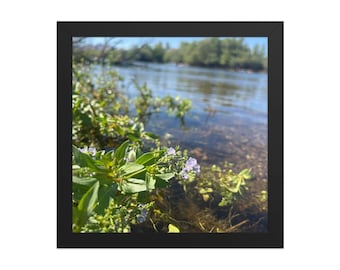 Framed Wildflowers by the River Wall Art | Floral Landscape Photography Print | Soft Nature Decor