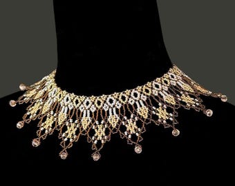 Brown Beige Beaded Net Collar Necklace, Geometric Seed Bead Jewelry