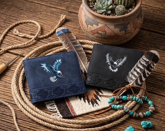 Sacred Eagle Men's Wallet, Native American Inspired Bifold, Aztec Embossed Suede Purse, Tribal Eagle Gift for Him, Southwestern Slim Wallet