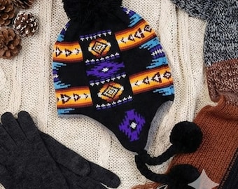 Azteken Strickmütze – Peruanische Ohrenklappe, Fleece gefütterte Wintermütze