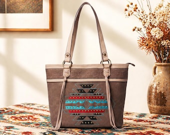 Native American Inspired Tote Bag, Aztec Embroidered Suede Handbag, Southwestern Tribal Satchel with Tassels, Boho Western Shoulder Bag