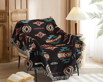 Gewebte Azteken-Baumwolldecke mit Fransen, Boho-Farmhausdekor (50x60)