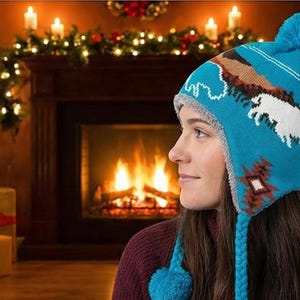 Puede incluir: Un gorro de invierno de punto azul con pompón y orejeras. El gorro presenta un gráfico de bisonte blanco y un patrón geométrico. El gorro lo lleva una persona frente a una chimenea y un árbol de Navidad.
