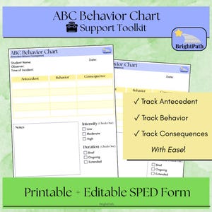May include: An ABC Behavior Chart Support Toolkit with a light blue header and green footer. The chart includes sections for Antecedent, Behavior, and Consequence. A yellow rectangle highlights "Track Antecedent, Behavior, Consequences With Ease!" Printable and editable SPED form.