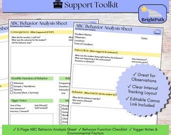ABC Behavior Analysis Sheet | Editable SPED Data Collection (Canva)