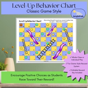 Könnte beinhalten: Ein farbenfrohes "Level-Up Behavior Chart" im klassischen Spielstil. Die Tabelle zeigt ein Brettspiel-Design mit Leitern, Rutschen, Sternen und Smiley-Gesichtern. Der Text lautet: "Ermutigen Sie positive Entscheidungen der Schüler, die auf ihre Belohnung hinarbeiten!"
