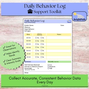 May include: A Daily Behaviour Log template with a blue header and green footer. The log includes sections for student name, time, behaviour, and notes. Text on the image reads: "Collect Accurate, Consistent Behaviour Data Every Day."