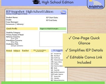 Resumen del IEP de la escuela secundaria / Herramienta para docentes de educación especial (PDF, Canva editable)