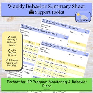 May include: A weekly behavior summary sheet with a light blue header and a green footer. The sheet includes sections for student name, observer, and behavior tracking. The text "Weekly Behavior Summary Sheet" is displayed prominently.