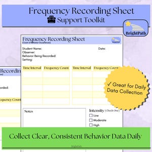 May include: A frequency recording sheet with the title "Frequency Recording Sheet Support Toolkit". The sheet includes sections for student name, observer, and behavior being recorded. It also has a section for time intervals and frequency counts. The text "Collect Clear, Consistent Behavior Data Daily" is also present.