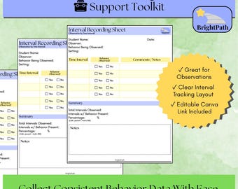 Intervallaufnahme Blatt | SPED Verhaltensdaten | Zeitabtastung | Bearbeitbares spezielles Bildungsformular | Support-Toolkit