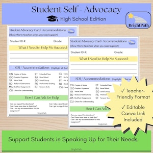 May include: Two student self-advocacy cards with a light blue and yellow design. The cards include sections for student ID, grade, and accommodations. Text includes "What I Need to Help Me Succeed" and "How I Can Ask for Help."