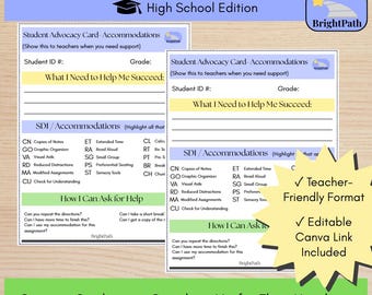 May include: Two student self-advocacy cards with a light blue and yellow design. The cards include sections for student ID, grade, and accommodations. Text includes "What I Need to Help Me Succeed" and "How I Can Ask for Help."