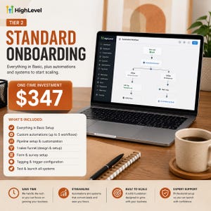 Op de afbeelding: Een laptop met een dashboard voor automatiseringsworkflows met de tekst Tier 2 Standard Onboarding, One-Time Investment $347, en een lijst met inbegrepen diensten zoals aangepaste automatiseringen, pijplijnconfiguratie en het ontwerp van verkoopfunnels.