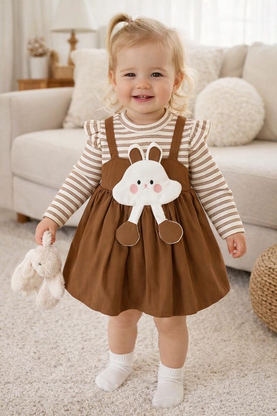 Baby Girl Brown Dress With Bunny Applique Autumn Spring Toddler Clothing -  Etsy