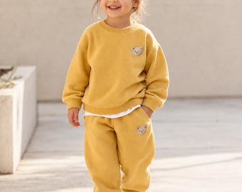 Toddler Fall Outfit, Bear Embroidery Sweatshirt Jogger Set, Kids Wear