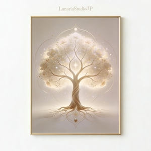 以下が含まれることがあります： 光り輝く、幻想的なデザインの、様式化された木を描いた額入りのアートプリント。木はねじれた幹、繊細な枝、雲のような花のキャノピーを持っています。アートワークはソフトなベージュとゴールドトーンで、「LunariaStudioJP」の文字が入っています。