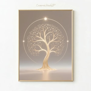 以下が含まれることがあります： 柔らかなニュートラルな背景に、光る枝と葉を持つ様式化された金色の木が描かれた額入りのアートプリント。木の周りには円形のデザインがあり、左上隅には「Lunaria Studio JP」の文字があります。