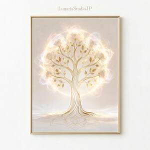以下が含まれることがあります： 金色の木のデザインが特徴の額入りアートプリント。輝く白い花と葉が描かれています。アートワークは、明るい背景と「LunariaStudioJP」のテキストが特徴で、柔らかく、幻想的な雰囲気です。