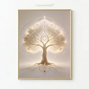 以下が含まれることがあります： 光る幹と枝を持つ、様式化された木の額入りアートプリント。木の冠は、柔らかい白い花と輝くアクセントで飾られています。アートワークは、暖かくニュートラルな色使いで、左上に「Lunaria Studio JP」の文字が入っています。
