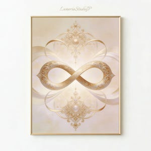 May include: Framed artwork featuring a gold infinity symbol with ornate detailing. The symbol is centered on a soft beige background with decorative elements. The artwork is framed in a gold tone.