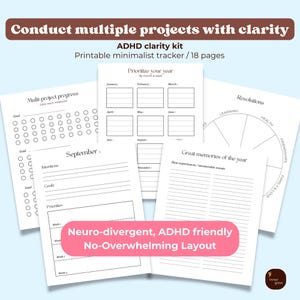 Peut inclure: Plusieurs pages de planificateur imprimables blanches avec le texte "Conduct multiple projects with clarity" et "ADHD clarity kit". Les pages comprennent des sections pour la définition d'objectifs, la planification mensuelle et le suivi des progrès. Le texte "Neuro-divergent, ADHD friendly No-Overwhelming Layout" est également visible.