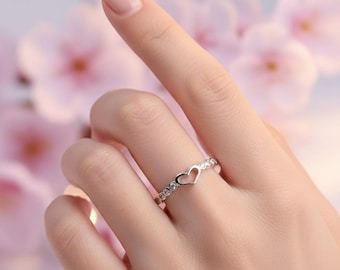 Sterling Silber Herz Ring mit Kristall Akzente, Verstellbarer offener Ring