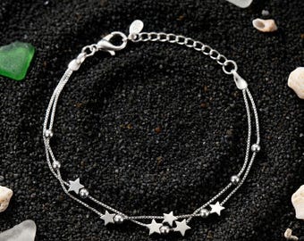 Double-Layer-Stern Sterlingsilber-Armband, himmlische Bettelarmband, kleines Sternarmband, verstellbares Frauenringe Geschenk für sie