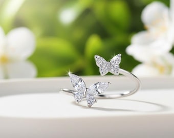 Sterling Silber Kristall Schmetterling Ring, zierliche einstellbare Versprechen Ring