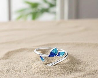 Sterling Silber Blatt Ring Blau Emaille Einstellbar Band-Frauen-Schmucksachen Mädchen Geschenk