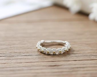 Sterling Silber Daisy Ring - Gold Akzent Floral Eternity Band