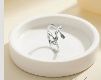 Sterling Silber Olive Blatt Ring Einstellbar Minimalist Natur Schmuck