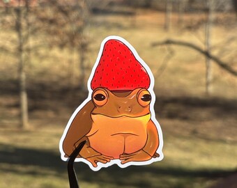 Strawberry Frog Vinyl Sticker | 3" Sticker | Cute Frog with a Strawberry Hat
