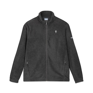 May include: A charcoal gray fleece jacket with a full-length zipper and a stand-up collar. A white cross is embroidered on the left chest. The jacket has two zippered pockets and the Columbia logo on the sleeve.