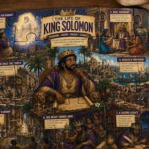 Op de afbeelding: Een legpuzzel getiteld The Life of King Solomon met een centrale illustratie van koning Salomo op een troon, omringd door zeven genummerde scènes met bijbelse gebeurtenissen en een Seek and Find-kolom aan de rechterkant met iconen.