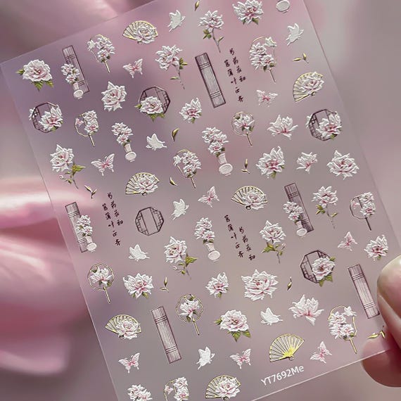 Ink Peony Flower Nail decal sticker/ Nail art/ 3D Adhesive/ DIY use
