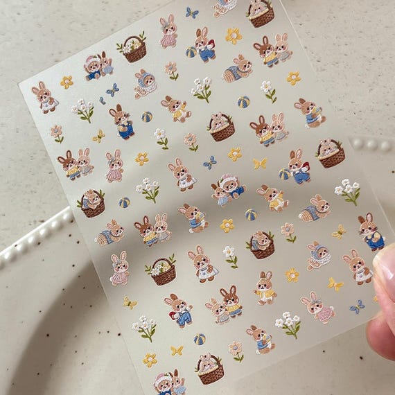 Embroidery Rabbit Nail decal sticker/ Nail art/ 3D Adhesive/ DIY use