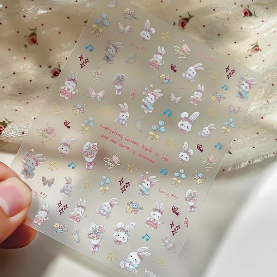 Spring Bunny Floral Nail Stickers Cute Rabbit Decals for Nails Phone Case DIY Decor