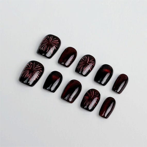 Hand Painted Press On Nails: Dark Red Firework Cat's Eye , Reusable Faux Nails