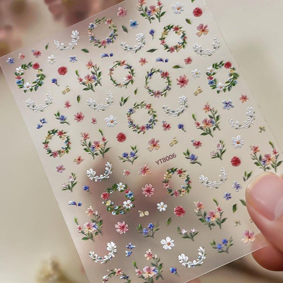 Spring Wreath Flowers Nail decal sticker/ Nail art/ 3D Adhesive/ DIY use