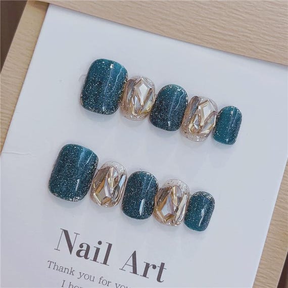 Hand Painted Press On Nails: Green and Gold Cat's Eye , Reusable Faux Nails