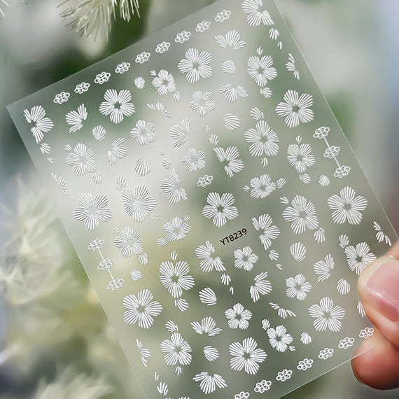 Spring White Stripes Floral Flowers Nail decal sticker/ Nail art/ 3D Adhesive/ DIY use