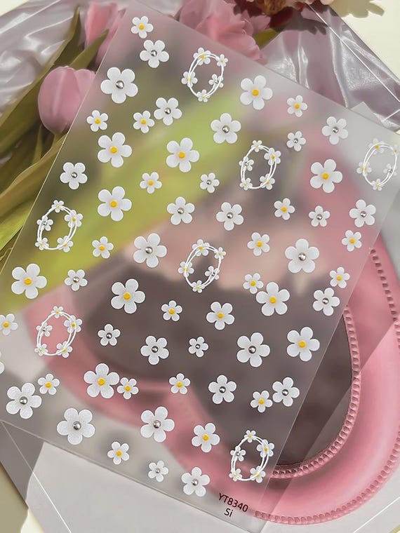 Spring Diamond White Floral Flowers Nail decal sticker/ Nail art/ 3D Adhesive/ DIY use