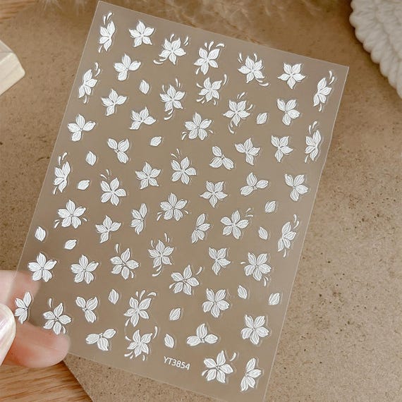 White relief flower nail decal sticker/ Floral art/ Nail Adhesive/ DIY use