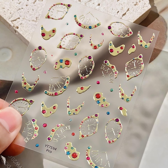 Melting Clock Nail Stickers Rhinestone Watch Decals for Nails Phone Case Decor