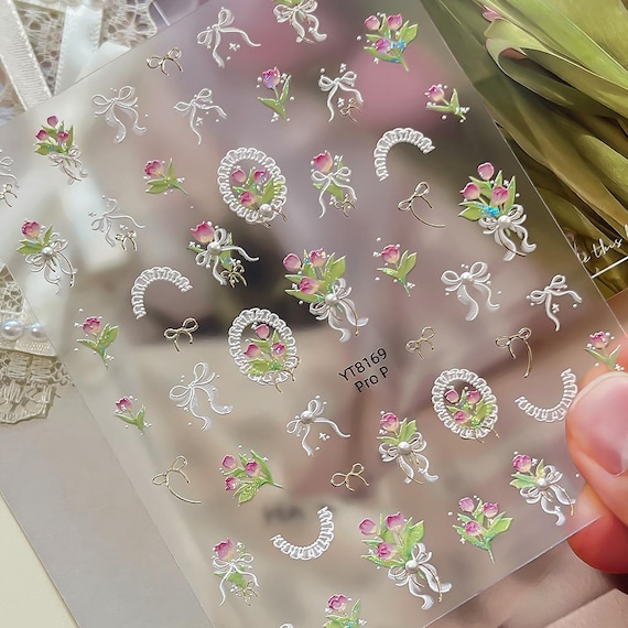 Spring Tulip Bow Tie Floral Flowers Nail decal sticker/ Nail art/ 3D Adhesive/ DIY use