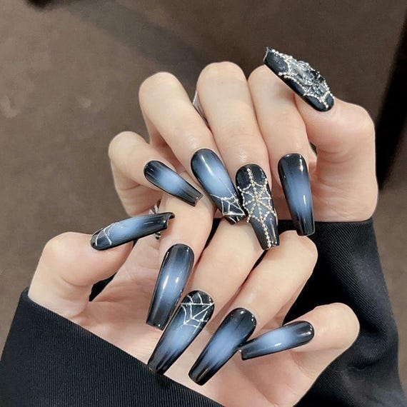 Hand Painted Press On Nails: Dark Blue Silver Web, Reusable Faux Nails