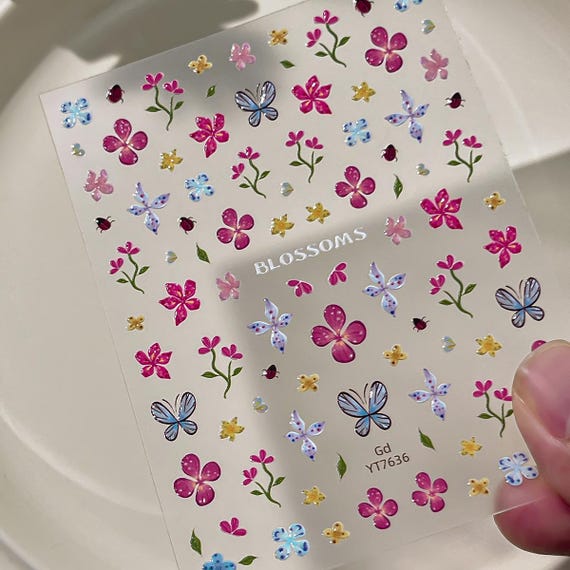Spring Jelly Butterfly Floral Flowers Nail decal sticker/ Nail art/ 3D Adhesive/ DIY use
